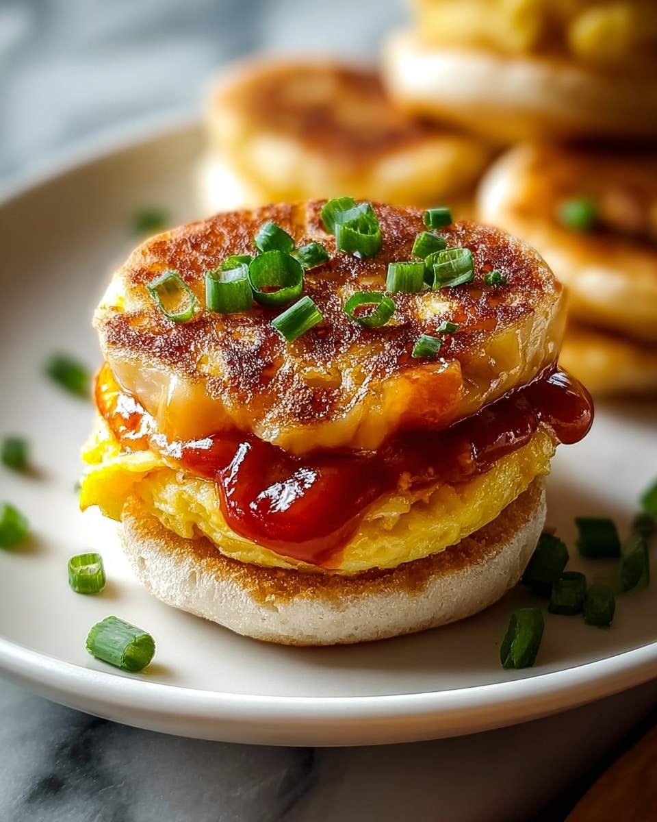 White oval platter filled with a full batch of golden, mini egg and cheese breakfast sandwiches, featuring soft, fluffy English muffins layered with melted cheddar cheese, perfectly cooked crispy eggs, and dollops of bright red ketchup, all topped with scattered fresh chopped chives, shot with natural light on a pristine white marble countertop, professional food magazine hero shot, photo taken with an iphone --ar 4:5 --v 7
