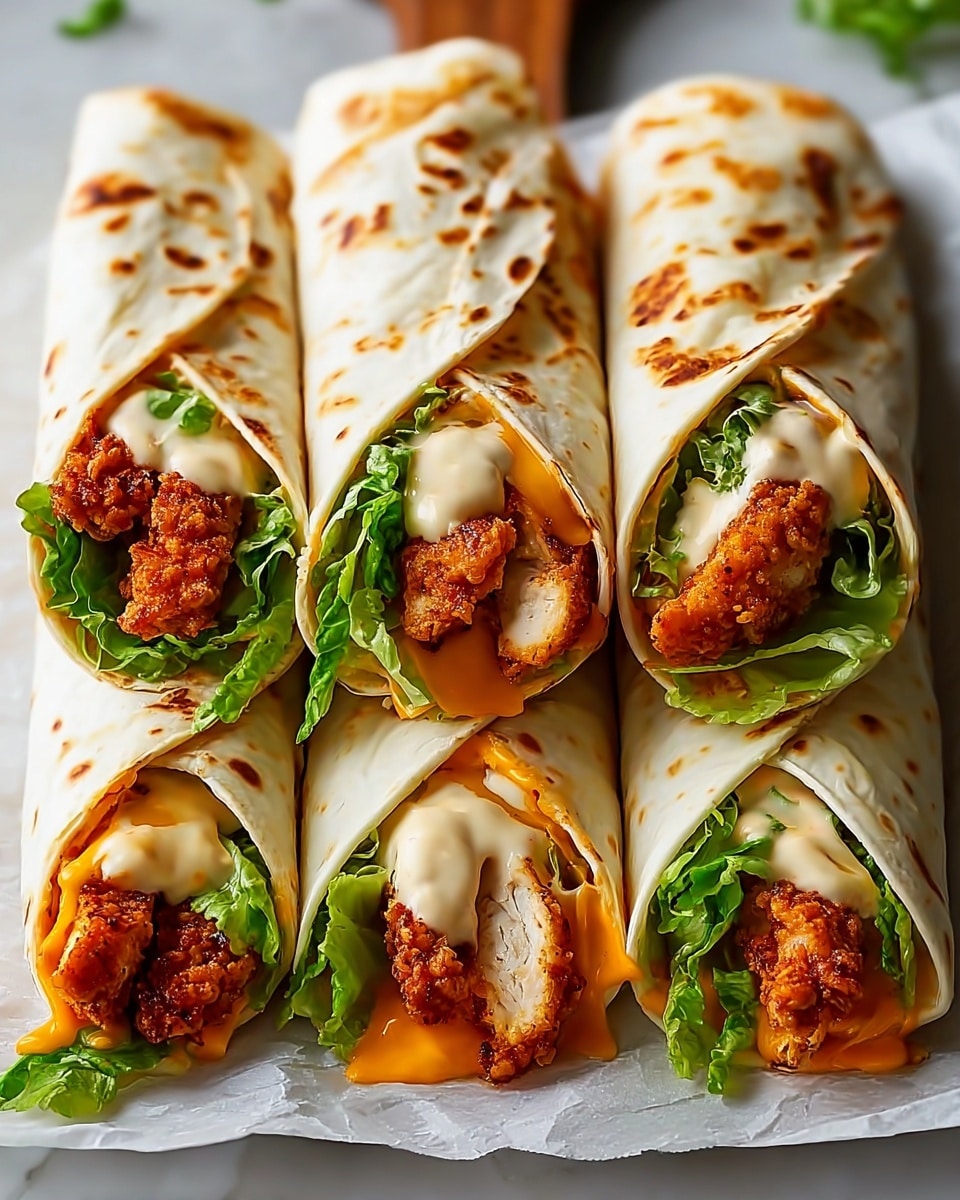 Four large white tortillas filled with crispy fried chicken tenders, fresh green lettuce, melted cheddar cheese, and a creamy sauce, neatly arranged side by side on white parchment paper, whole wraps shown without any cut or single portion, professional 3/4 angle food shot on white marble background with natural lighting, hero shot like a food magazine cover, photo taken with an iphone --ar 4:5 --v 7