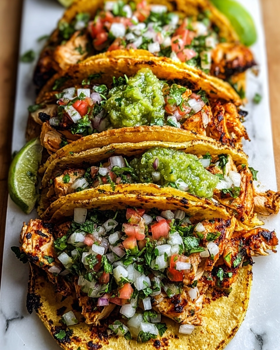 A large white platter filled with a whole batch of grilled chicken tacos, each taco folded with perfectly charred golden corn tortillas generously stuffed with tender, spiced grilled chicken pieces, topped with fresh diced white onions, chopped cilantro, vibrant pico de gallo, and vibrant green tomatillo salsa, all arranged neatly side by side to showcase the full quantity. The background features a white marble countertop with natural lighting casting soft shadows, capturing a professional food magazine hero shot, photo taken with an iphone --ar 4:5 --v 7