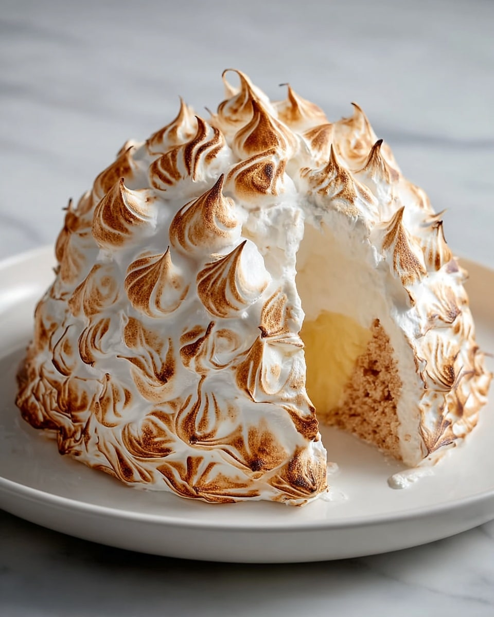 Whole uncut baked Alaska with perfectly browned peaks of meringue covering a round dome of ice cream and sponge cake, showcasing intricate swirls and toasty golden edges on a large white plate, photographed from a professional 3/4 angle on a white marble countertop with natural lighting, resembling a food magazine hero shot, photo taken with an iphone --ar 4:5 --v 7