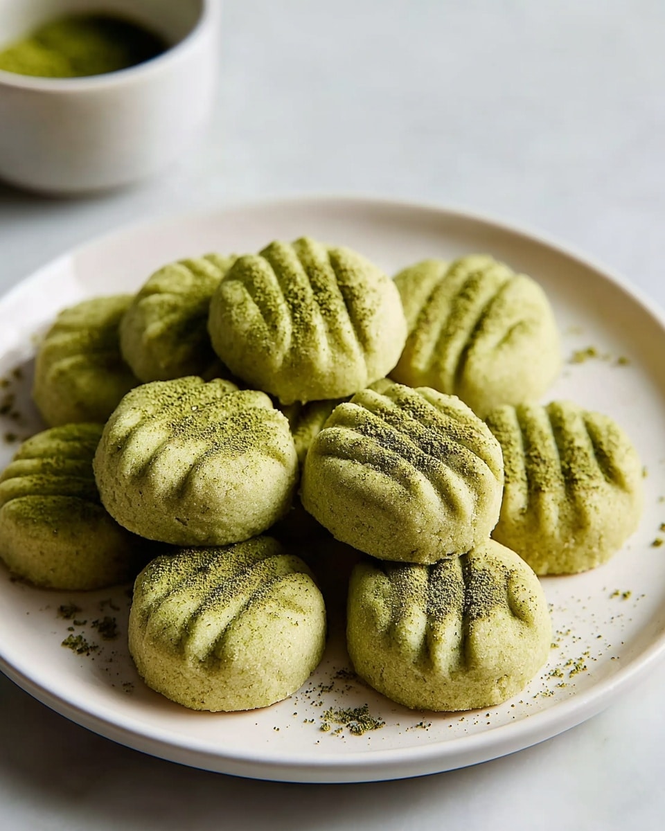 White round plate filled with a full dozen of perfectly shaped matcha green tea shortbread cookies, each with delicate ridges pressed on top and a light dusting of matcha powder for a vibrant finish, arranged in a neat pile to showcase their soft, crumbly texture, photographed from a 3/4 angle on a white marble surface with natural lighting, professional food styling photo taken with an iphone --ar 4:5 --v 7