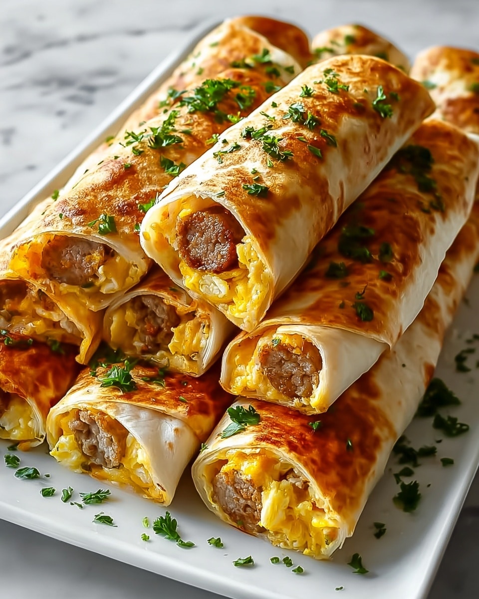 A large white rectangular serving platter filled with a stack of fully assembled sausage and egg breakfast burritos, each wrapped in a perfectly golden, crispy tortilla sprinkled with fresh chopped parsley. The burritos are filled with fluffy scrambled eggs, melted cheddar cheese, and savory breakfast sausage, arranged neatly and generously on the platter. The whole dish is captured from a professional 3/4 angle on a white marble countertop under natural lighting, styled as a vibrant hero shot for a food magazine. photo taken with an iphone --ar 4:5 --v 7