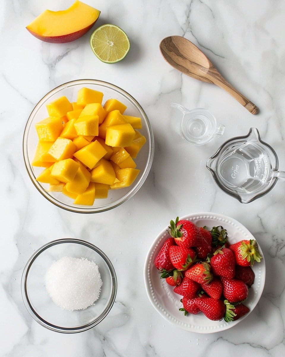 Single white bowl holding one scoop of smooth, creamy strawberry ice cream accompanied by vibrant, juicy mango chunks and fresh, plump strawberries with green leaves, close-up angle emphasizing the velvety texture of the ice cream and the freshness of the fruit, set on a white marble surface with natural lighting, styled as a ready-to-eat dessert portion, photo taken with an iphone --ar 4:5 --v 7