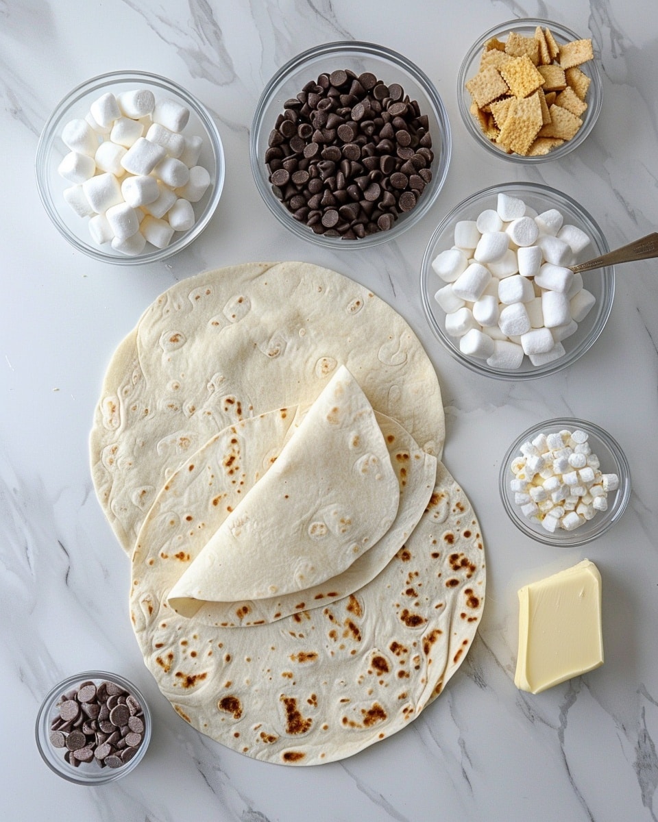 A single white plate showcasing one rolled s’mores wrap, sliced in half to reveal melted chocolate chips, soft toasted marshmallows, and a thin layer of graham cracker crumbs inside a warm, slightly crispy wrap, highlighting the gooey textures and melted interior, set on a white marble surface with natural light emphasizing the rich browns and creamy whites, styled like an inviting food blog shot, photo taken with an iphone --ar 4:5 --v 7