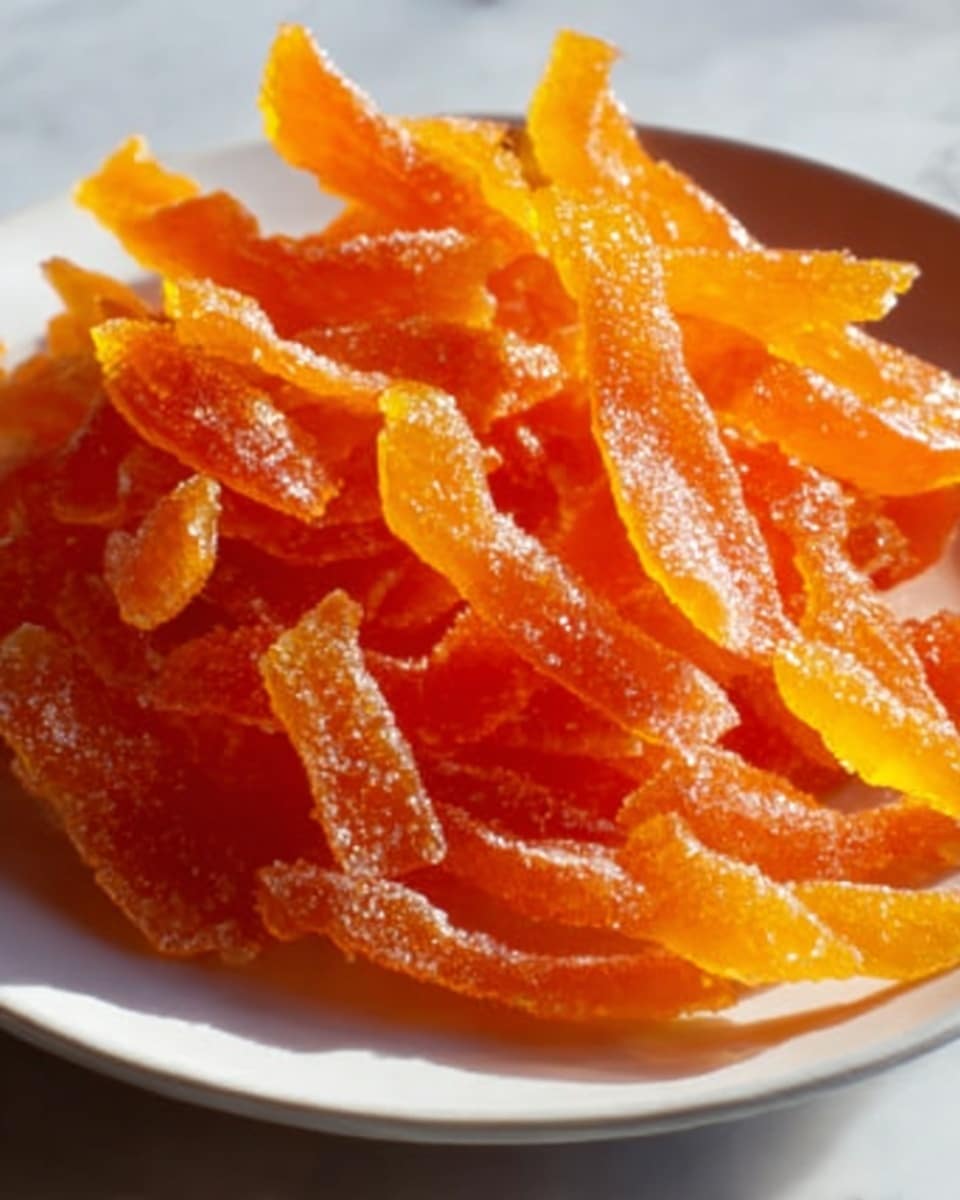 Large white bowl filled with vibrant, translucent orange candied citrus peels, glistening with sugar crystals, showcasing their sticky, glossy texture. The bowl is full to the brim, presenting an abundant and inviting display of the entire batch of sweet, tangy peels, photographed from a professional 3/4 angle on a white marble countertop, with natural lighting highlighting the glossy sheen. Photo taken with an iphone --ar 4:5 --v 7