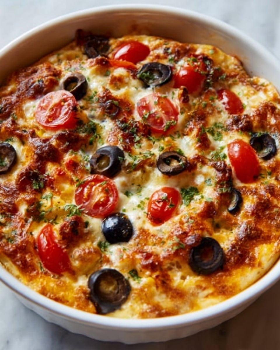 A large white round ceramic baking dish filled with a whole baked casserole featuring a golden, bubbly cheese crust, topped with evenly distributed black olive slices and halved cherry tomatoes, with hints of fresh herbs scattered across the surface, showcasing a rich combination of melted cheese and savory ingredients beneath the crispy top layer. The entire dish is presented on a pristine white marble countertop with natural lighting highlighting the textures and colors, shot from a slight 3/4 angle capturing the full baking dish in a professional food magazine hero style. Photo taken with an iphone --ar 4:5 --v 7