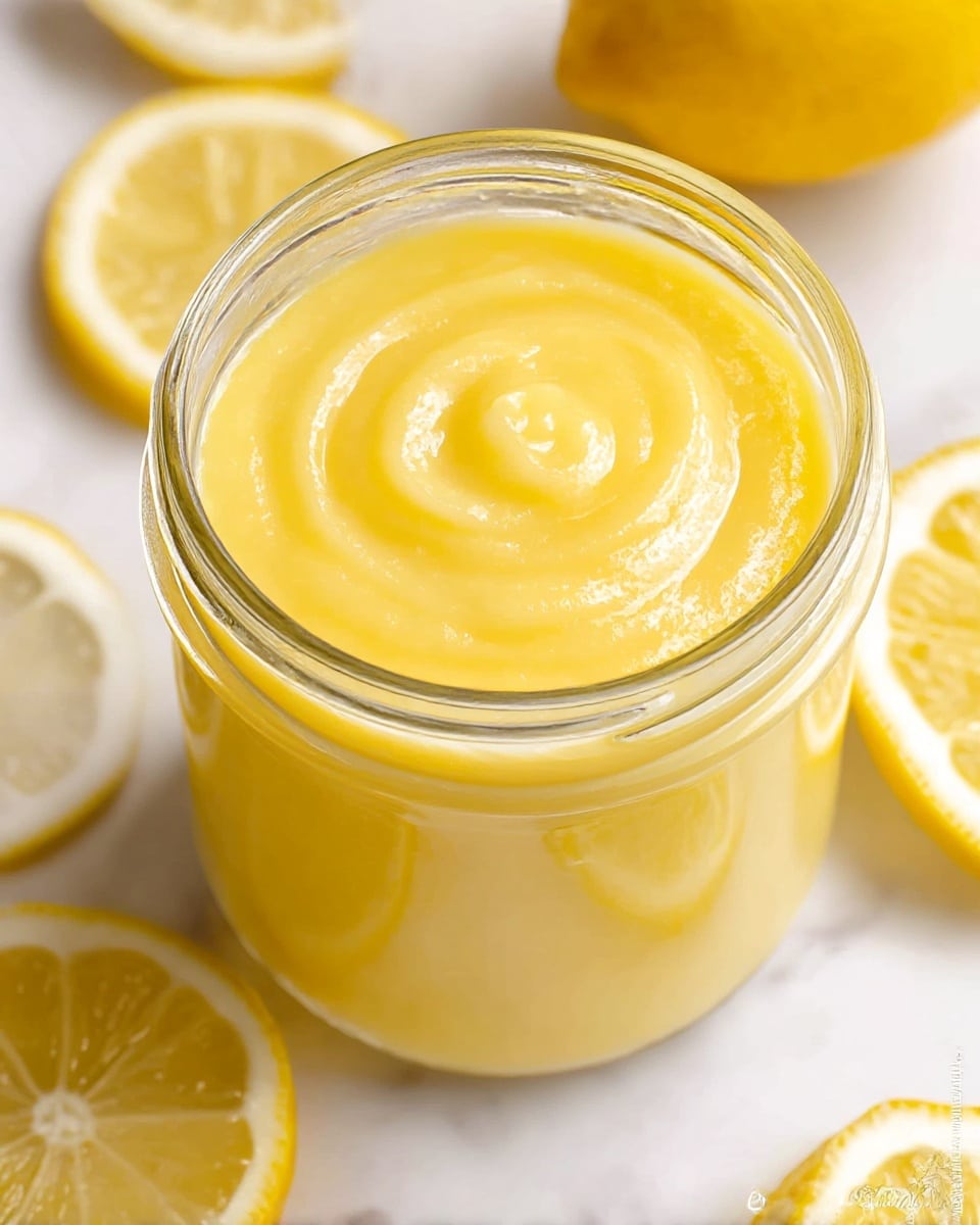 Large white jar filled with a smooth and glossy lemon curd, showing the entire batch with a creamy swirl pattern on top, surrounded by fresh lemon slices on a white marble countertop, natural lighting highlighting the vibrant yellow color, professional food styling photo taken with an iphone --ar 4:5 --v 7