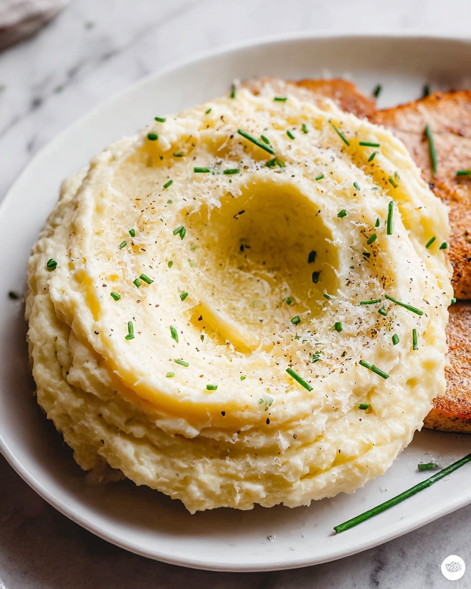 Whole white oval platter filled with a generous serving of creamy, fluffy mashed potatoes piped elegantly in a circular mound with a hollow center, sprinkled with freshly cracked black pepper, grated Parmesan cheese, and fresh chives, surrounded by a full portion of golden, crispy pan-seared pork chops beneath, all arranged on a pristine white marble countertop with natural soft lighting emphasizing texture and color, professional food styling, photo taken with an iphone --ar 4:5 --v 7