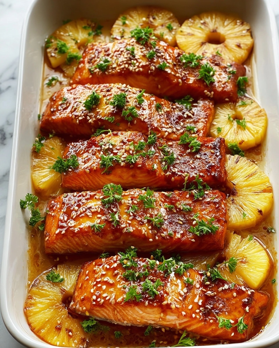 Rectangular white baking dish fully filled with several perfectly cooked, golden-glazed salmon fillets topped with toasted sesame seeds and fresh chopped parsley, interspersed with caramelized pineapple slices, all glistening in a light savory sauce, arranged neatly and ready to serve, whole dish photographed from a 3/4 angle on a white marble countertop with natural lighting, professional food magazine style photo taken with an iphone --ar 4:5 --v 7