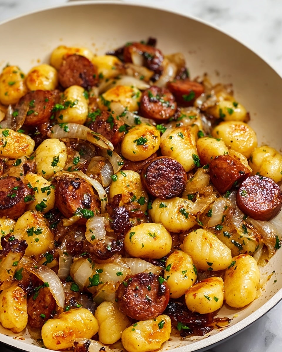 Large white ceramic skillet filled with a savory gnocchi and sausage sauté, featuring perfectly golden, pan-fried gnocchi, slices of browned sausage, caramelized onions, and sprinkled fresh parsley, all glistening under natural light, photographed at a 3/4 angle on a white marble countertop, styled like a high-end food magazine hero shot, showing the entire dish in frame, photo taken with an iphone --ar 4:5 --v 7
