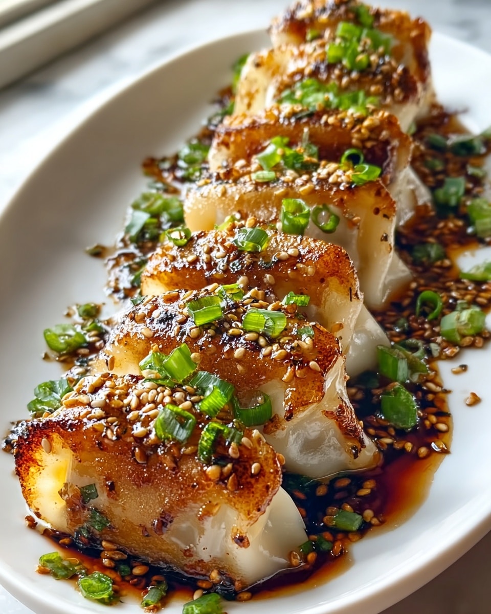 A large white serving platter filled with a complete row of perfectly pan-seared Chinese dumplings arranged side by side, each dumpling golden brown on one side with a glossy soy-based glaze, generously sprinkled with toasted sesame seeds and finely chopped fresh green onions, whole dish photographed at a 3/4 angle on a white marble countertop with natural lighting, professional food magazine hero shot photo taken with an iphone --ar 4:5 --v 7