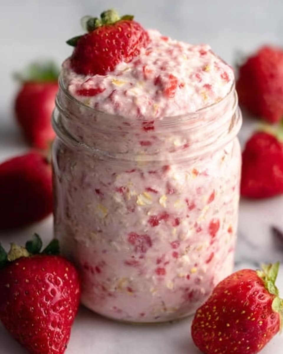 A wide white glass jar filled with thick, creamy strawberry overnight oats mixture packed with visible chunks of fresh strawberries and specks of oats throughout, the jar topped to the brim so the textured pink and white blend appears luscious and inviting, surrounded by whole fresh strawberries on a clean white marble surface, captured in natural light with a professional 3/4 angle food magazine style photo taken with an iphone --ar 4:5 --v 7