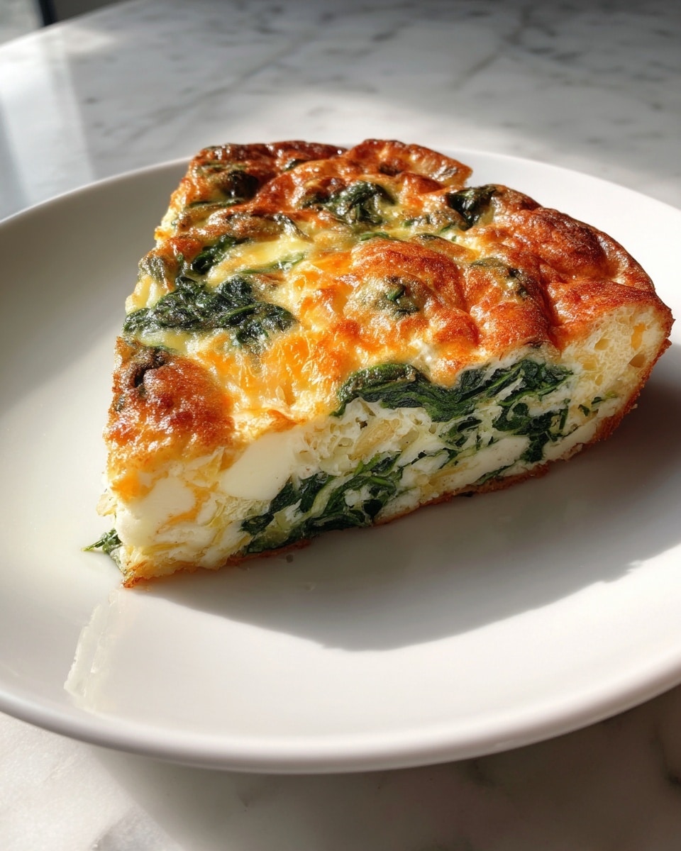 A large white round ceramic baking dish filled with a whole, fluffy baked egg casserole studded evenly with vibrant orange chunks of sweet bell peppers and bright green spinach leaves, topped with a golden-brown, slightly bubbly layer of melted cheddar cheese, perfectly risen and intact without any portions missing, presented on a smooth white marble countertop under natural light, professional food magazine hero shot, photo taken with an iphone --ar 4:5 --v 7