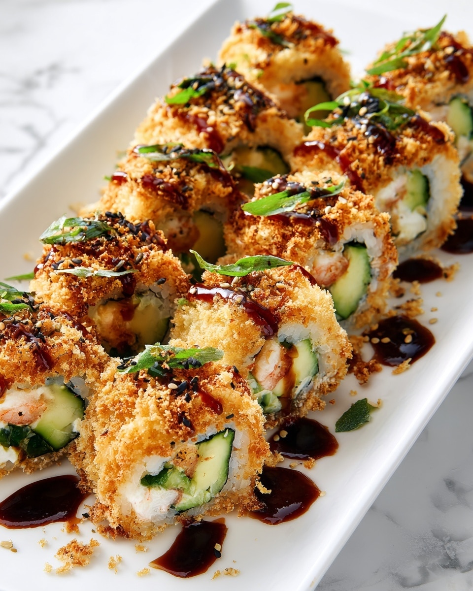 Large white rectangular dish filled with a complete serving of golden, crispy tempura sushi rolls, each piece generously coated with crunchy panko, featuring vibrant fillings of fresh cucumber, avocado, and shrimp, drizzled with dark, glossy eel sauce and sprinkled with toasted sesame seeds, arranged neatly to show the full uncut set, photographed from a 3/4 angle on a white marble countertop with natural lighting, styled like a professional food magazine hero shot, photo taken with an iphone --ar 4:5 --v 7