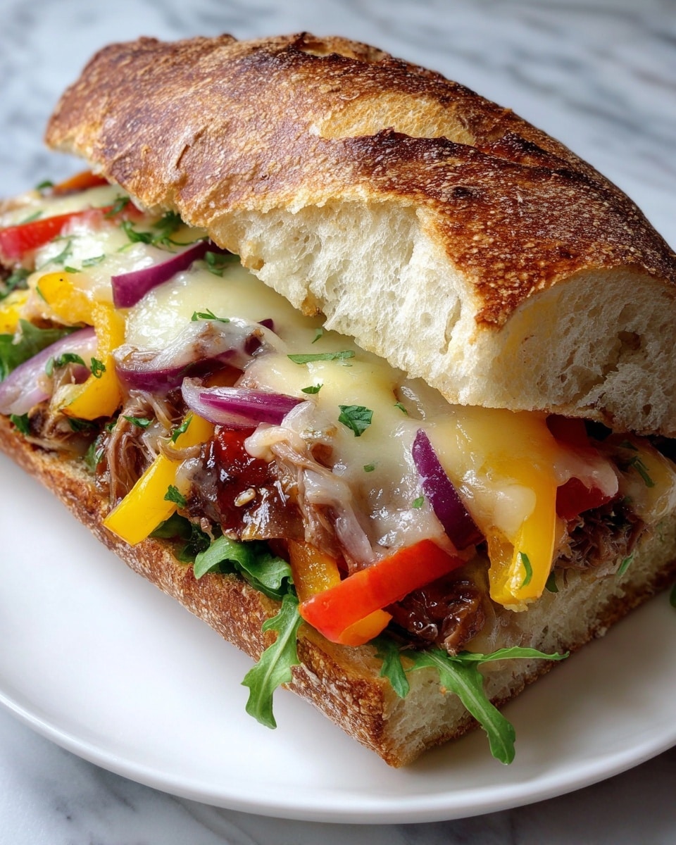 A large white rectangular platter presenting a whole freshly made sandwich baguette, generously filled with layers of tender steak strips, sautéed colorful bell peppers, caramelized onions, and melted provolone cheese oozing slightly over the sides. The bread is rustic and crusty, dusted lightly with flour, showcasing the full length of the sandwich intact. The presentation is styled on a white marble countertop with natural lighting highlighting the textures and vibrant colors, shot from a 3/4 angle to capture the impressive fullness of the entire sandwich, photo taken with an iphone --ar 4:5 --v 7