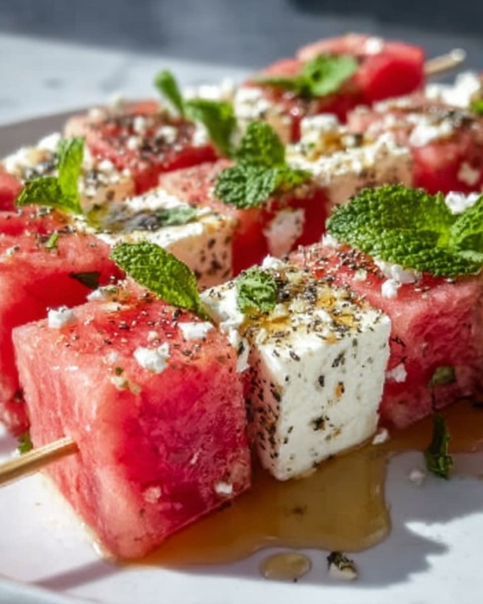 A large white serving platter showcasing a complete arrangement of fresh watermelon and cubed feta cheese skewers, garnished lavishly with whole mint sprigs and sprinkled with coarse black pepper and crushed sea salt, drizzled with golden honey that glistens under natural light, all set on a pristine white marble countertop, photographed at a 3/4 angle in a professional food magazine hero shot style, photo taken with an iphone --ar 4:5 --v 7