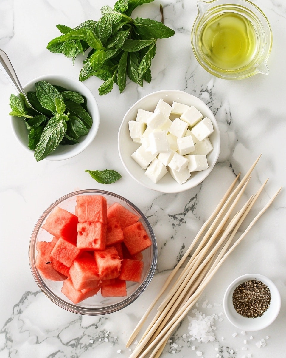 Single white plate presenting one serving of watermelon and feta cheese skewer, showcasing vibrant pink watermelon cubes interspersed with creamy white feta blocks speckled with cracked black pepper, garnished with fresh mint leaves and a light drizzle of golden honey visible on the plate, close-up angled shot capturing the freshness and contrasting textures, natural lighting highlighting the juicy interior and crumbly cheese, set on a white marble surface, styled like a food blog feature, photo taken with an iphone --ar 4:5 --v 7