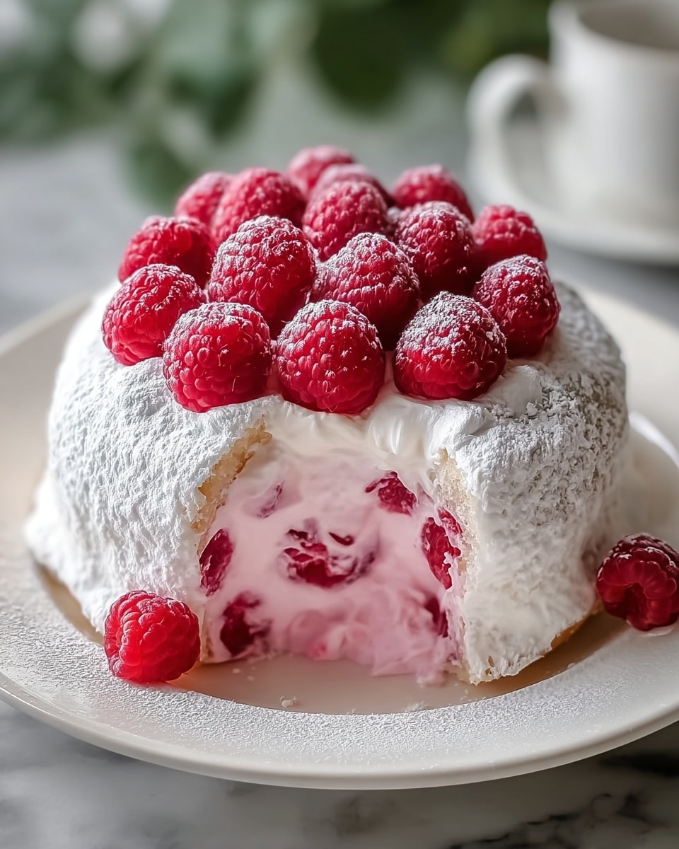 Whole round white cake covered with powdered sugar and filled with pink raspberry cream and whole fresh raspberries, decorated on top with a neat arrangement of plump raspberries, presented on a white plate, photographed from a 3/4 angle on a white marble background with natural lighting, professional food magazine hero shot, photo taken with an iphone --ar 4:5 --v 7