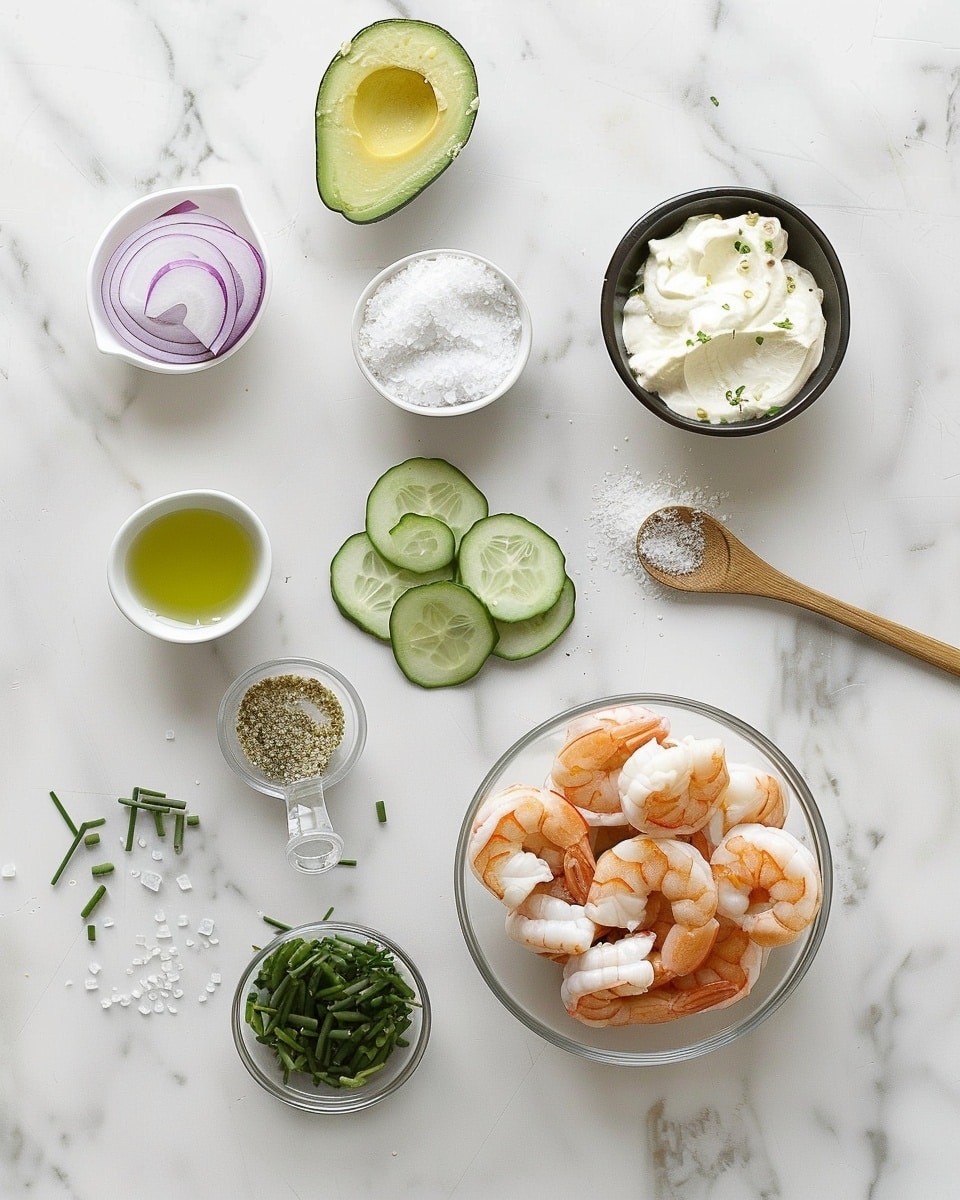 Single plated serving of a layered shrimp salad tower on a white plate, featuring a close-up view showing the distinct layers of creamy shredded shrimp mixed with diced cucumbers, red onions, and herbs at the base, topped with a thick, smooth green avocado mousse layer sprinkled with finely chopped chives, garnished with three perfectly cooked shrimp arranged on top, placed on a white marble surface with natural lighting, styled as a refined individual portion from a food blog, photo taken with an iphone --ar 4:5 --v 7