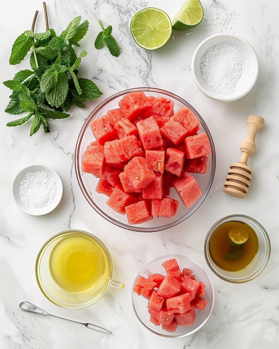 Single clear glass showcasing one vibrant red watermelon and feta cheese popsicle, close-up view highlighting the marbled white feta cheese chunks embedded within the bright pink watermelon base, garnished with fresh mint leaves on top, condensation droplets visible on the glass, placed on a white marble surface, styled to emphasize refreshing texture and contrast, natural lighting, intimate plated serving photo taken with an iphone --ar 4:5 --v 7