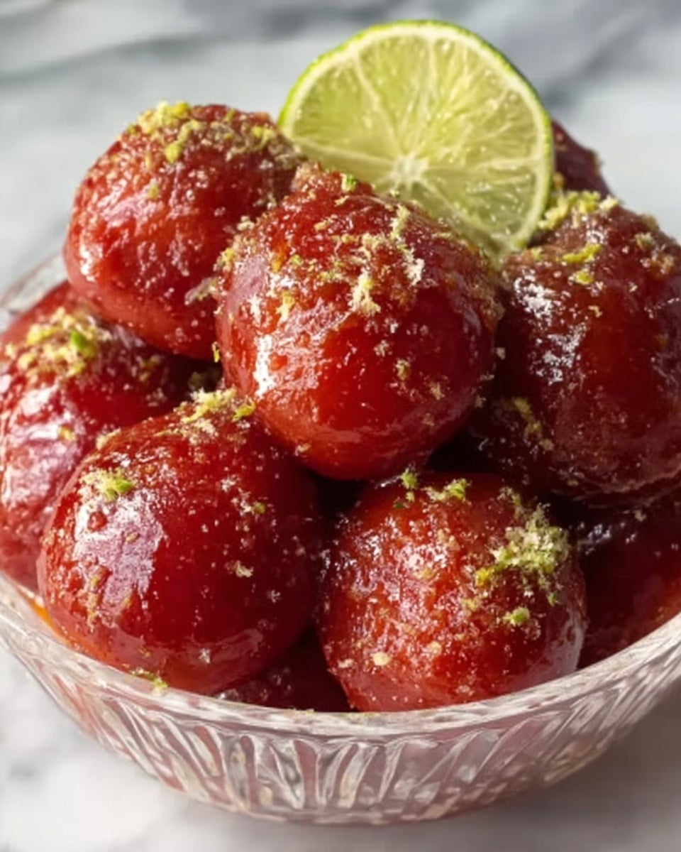 Large white serving bowl filled with a whole batch of vibrant red tamarind-glazed gol gappas (puffed hollow wheat spheres) generously coated in thick tamarind chutney, garnished with fresh lime wedges and sprinkled with fine zest of lime and chaat masala, capturing the glossy texture of the tangy glaze, arranged to show all pieces whole and intact, shot from a 3/4 angle with natural light on a white marble surface, styled like a high-end food magazine hero shot, photo taken with an iphone --ar 4:5 --v 7