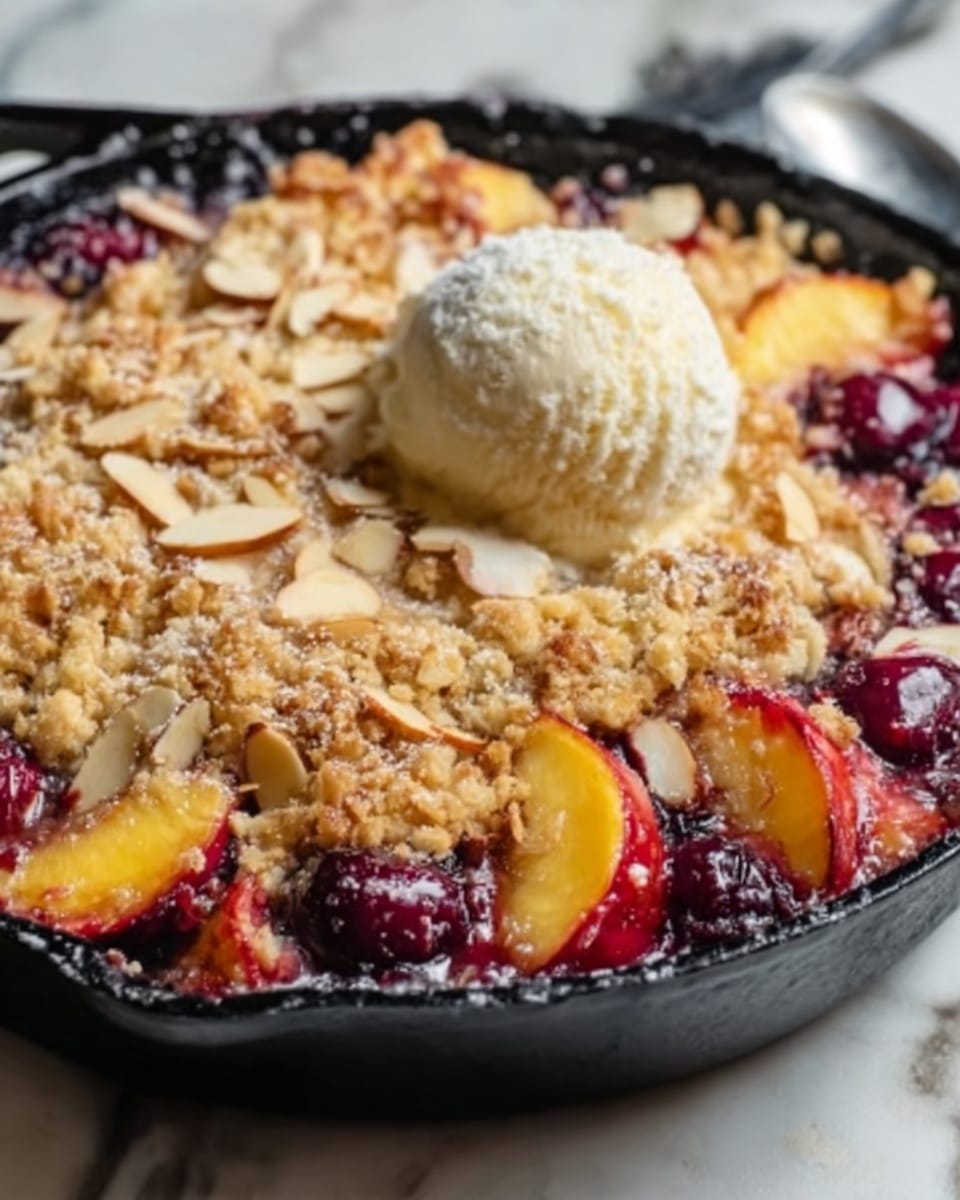 A large black cast iron skillet filled with a fully baked peach and cherry crumble, featuring whole peach slices and whole cherries nestled beneath a golden, crumbly topping sprinkled with sliced almonds, served with a generous scoop of vanilla ice cream melting slightly at the edge, the entire uncut dessert presented on a white marble countertop, shot at a 3/4 angle with natural lighting highlighting the textures, professional food styling photo taken with an iphone --ar 4:5 --v 7