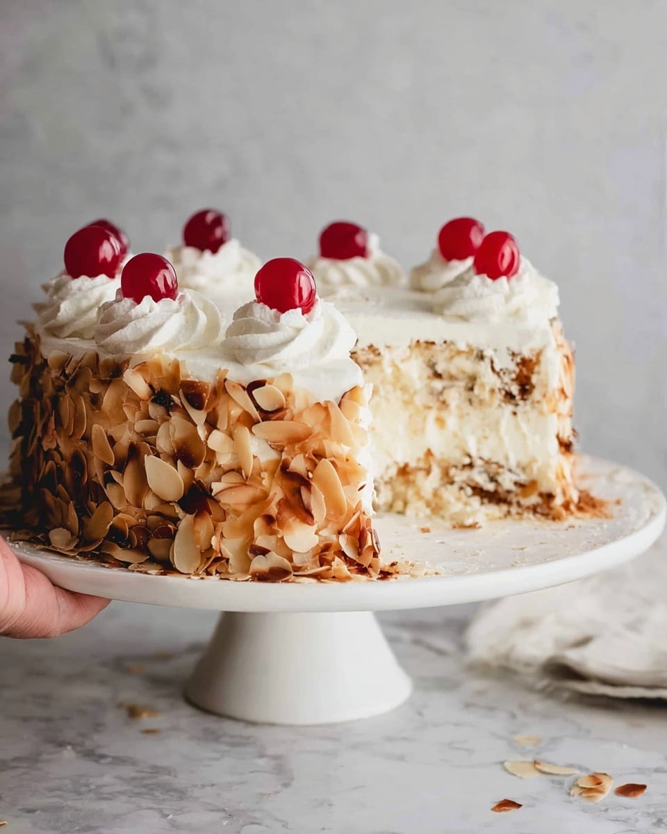 Whole round layered almond cake covered in smooth white frosting, decorated with toasted almond flakes all around the sides, topped with three shiny maraschino cherries evenly spaced on the white frosting, presented on a white cake stand, photographed from a 3/4 angle on a white marble countertop with natural light, professional food styling photo taken with an iphone --ar 4:5 --v 7