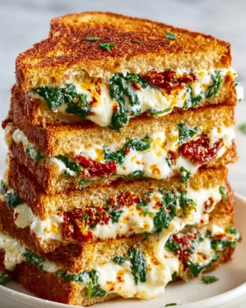 A complete white rectangular plate showcasing a full stack of golden, crispy grilled cheese sandwiches generously filled with melted creamy mozzarella, vibrant fresh spinach, and sun-dried tomatoes, layered thickly and arranged neatly to highlight the rich, gooey interior and perfectly toasted bread crust, styled on a white marble background with natural lighting for a professional, appetizing hero shot, photo taken with an iphone --ar 4:5 --v 7