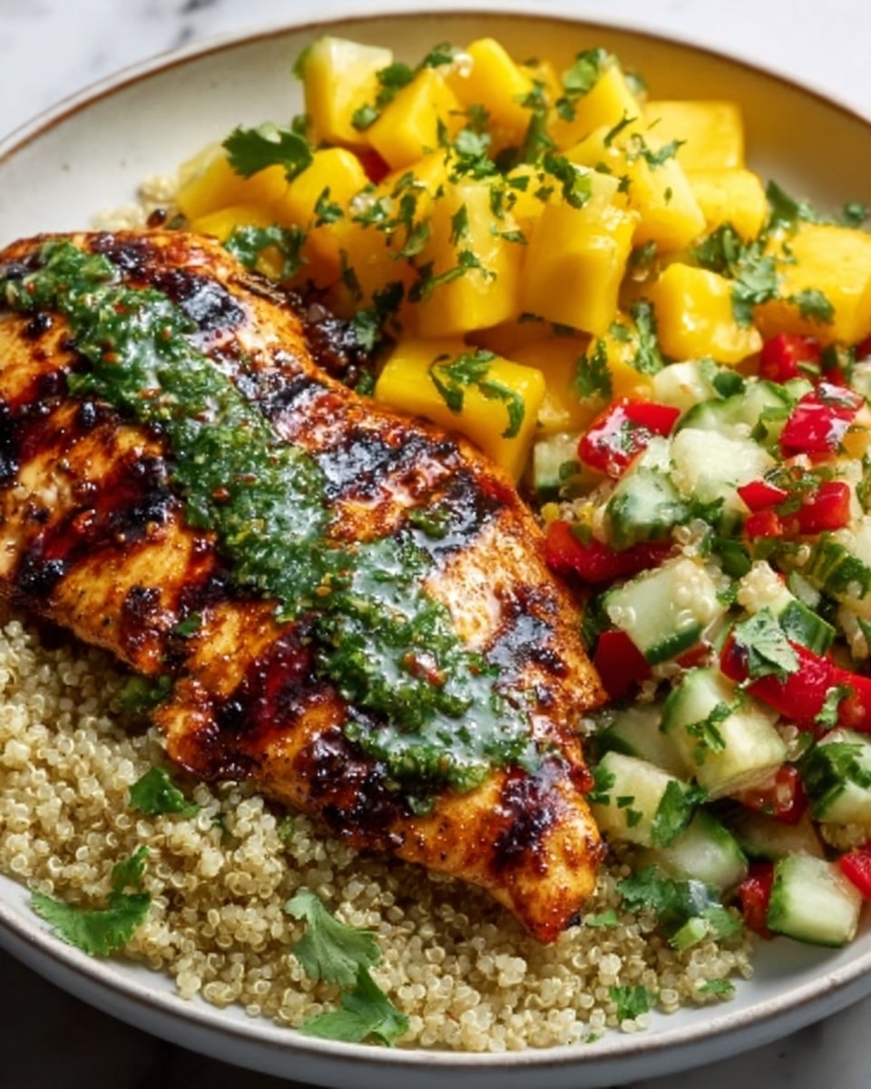Large white plate displaying a whole grilled chicken breast glazed with rich, charred spices, topped with a vibrant green chimichurri sauce dripping slightly over the edges; accompanied by a fresh mango salsa with diced mango, cucumber, and red bell pepper, and a generous serving of fluffy quinoa sprinkled with finely chopped cilantro, all arranged beautifully on the plate; shot at a 3/4 angle with natural lighting on a white marble background, styled like a food magazine hero shot, photo taken with an iphone --ar 4:5 --v 7