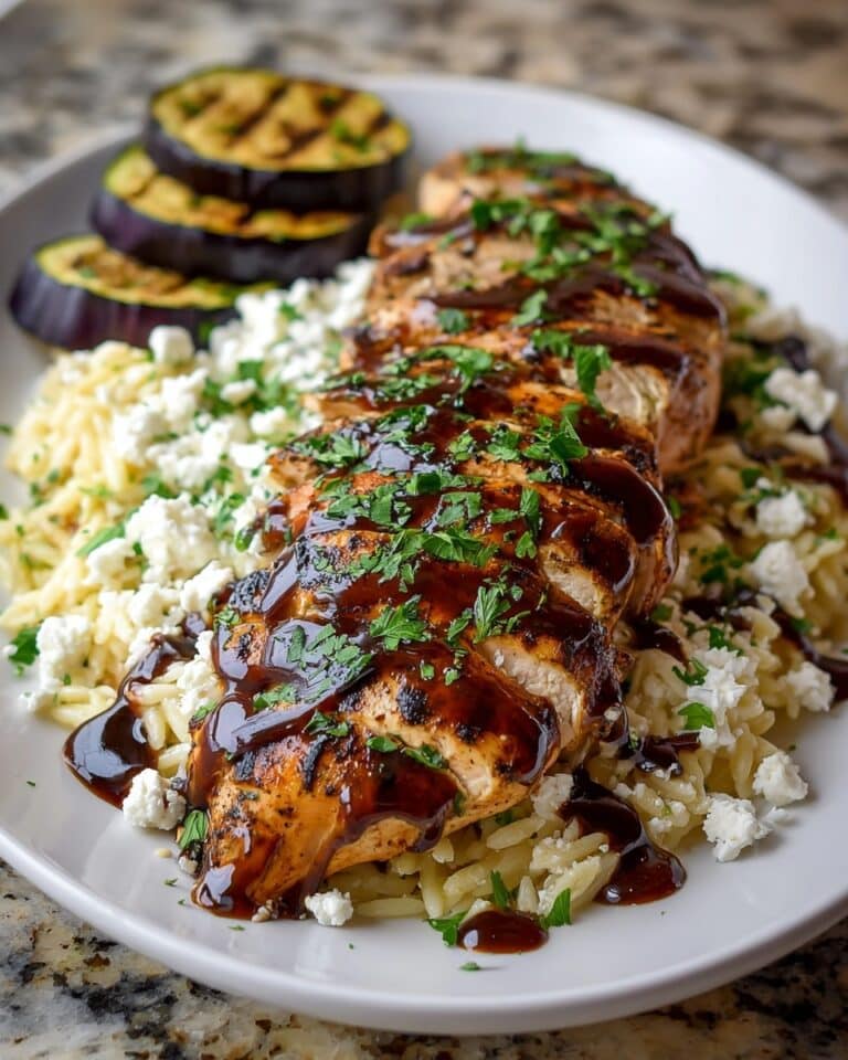 Balsamic Glazed Chicken & Orzo with Feta & Grilled Eggplant Recipe