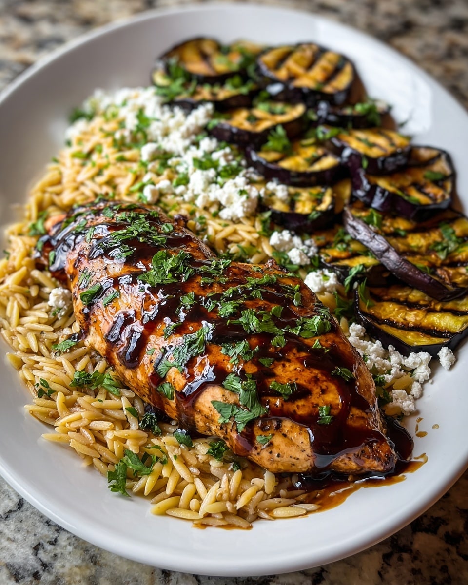 Large white plate featuring a whole grilled chicken breast glazed with a shiny balsamic reduction and sprinkled with fresh chopped parsley, served atop a bed of lemon orzo pasta garnished with crumbled feta cheese, accompanied by a generous mound of grilled eggplant slices with distinct char marks, entire dish presented from a 3/4 angle on a white marble countertop, natural lighting, professional food magazine hero shot, photo taken with an iphone --ar 4:5 --v 7