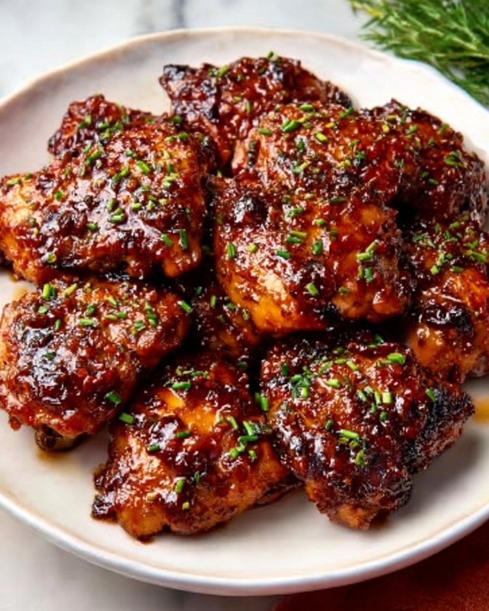 A large white serving dish filled with a full rack of beautifully glazed and caramelized barbecued chicken thighs, richly coated in a sticky, dark reddish-brown sauce with visible herbs and spices, garnished with finely chopped fresh chives, arranged neatly to showcase the glossy, perfectly cooked skin under natural lighting on a pristine white marble background, professional food magazine style hero shot, photo taken with an iphone --ar 4:5 --v 7