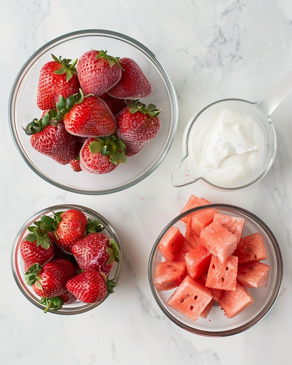 Single white bowl showcasing a smooth, creamy strawberry watermelon smoothie topped with fresh sliced strawberries and a vibrant wedge of watermelon perched on the rim, close-up angle capturing the rich, velvety texture and the contrast between the bright pink smoothie and the red fruit pieces, placed on a white marble surface under natural lighting, styled as a refreshing individual serving from a food blog, photo taken with an iphone --ar 4:5 --v 7