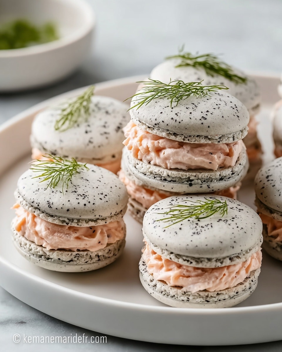 Large white serving platter displaying a full arrangement of delicate black sesame macarons, each generously filled with smooth, creamy pink salmon mousse speckled with fresh dill, adorned with sprigs of fresh dill on top for an elegant garnish, arranged neatly to showcase their uniform texture and color, photographed from a 3/4 angle on a white marble surface with natural lighting, professional food styling photo taken with an iphone --ar 4:5 --v 7