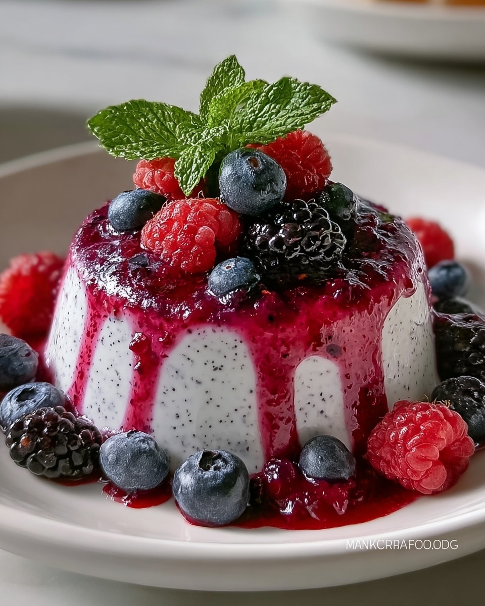 A pristine white round plate showcasing the entire panna cotta dessert uncut, elegantly molded into a smooth dome shape with visible specks of vanilla bean throughout the creamy base, topped generously with a vibrant mixed berry compote dripping artistically down its sides, adorned with fresh whole raspberries, blueberries, and blackberries, finished with a sprig of bright green mint at the center, all set atop a clean white marble surface with natural light enhancing the glossy textures, professional 3/4 angle food magazine style photo taken with an iphone --ar 4:5 --v 7