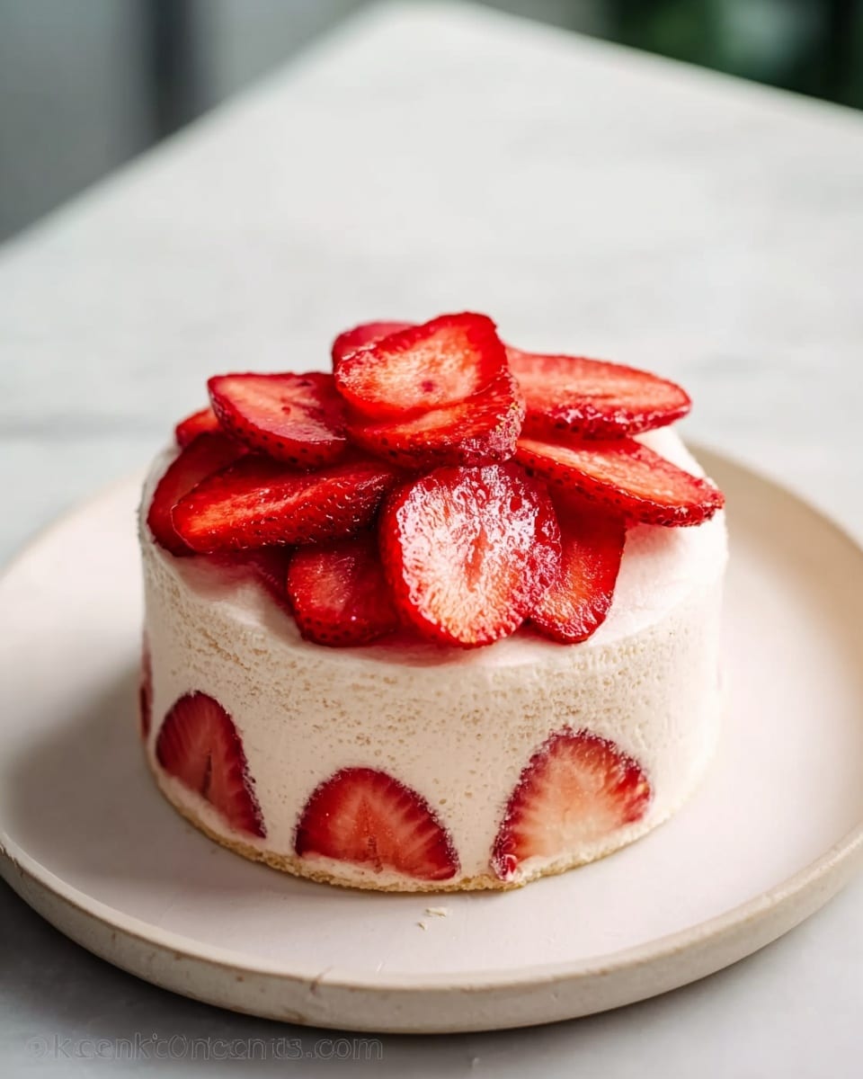 Whole, uncut small round strawberry shortcake displayed on a pristine white plate, topped evenly with fresh, glossy sliced strawberries arranged in a circular pattern, soft sponge cake layers visible through the light, creamy frosting around the sides, presented in a professional 3/4 angle shot on a white marble countertop with natural lighting enhancing the bright red of the strawberries and the delicate texture of the frosting, styled as a hero food magazine shot, photo taken with an iphone --ar 4:5 --v 7