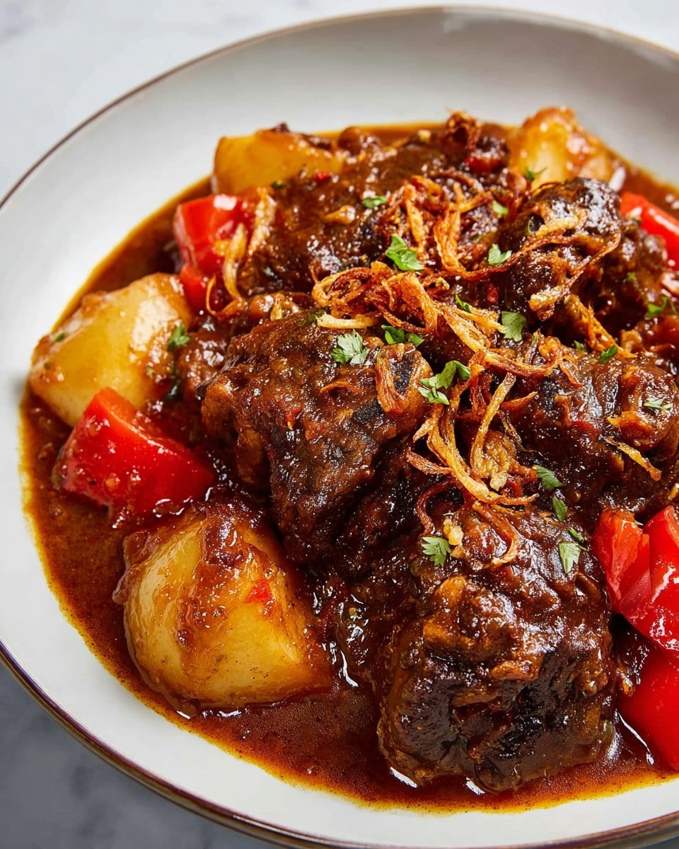 Large white shallow bowl filled with a hearty oxtail stew featuring multiple tender oxtail pieces simmered in rich, dark brown sauce, surrounded by chunky red bell peppers and potatoes, topped with golden fried shallots, the entire dish presented with glossy, thick sauce glistening under natural light, shot from a 3/4 angle on a white marble background, styled like a professional food magazine hero image, photo taken with an iphone --ar 4:5 --v 7