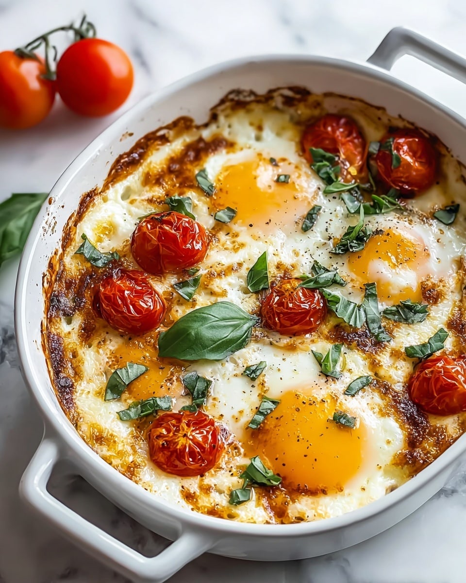 Large white ceramic baking dish filled with a freshly baked casserole of whole baked eggs nestled in a creamy base with roasted cherry tomatoes and fresh green basil leaves scattered on top, edges of the dish showing golden baked cheese and lightly browned spots, photographed from a 3/4 angle on a white marble countertop with natural lighting, styled as a professional food magazine hero shot, whole dish fully visible in frame, photo taken with an iphone --ar 4:5 --v 7
