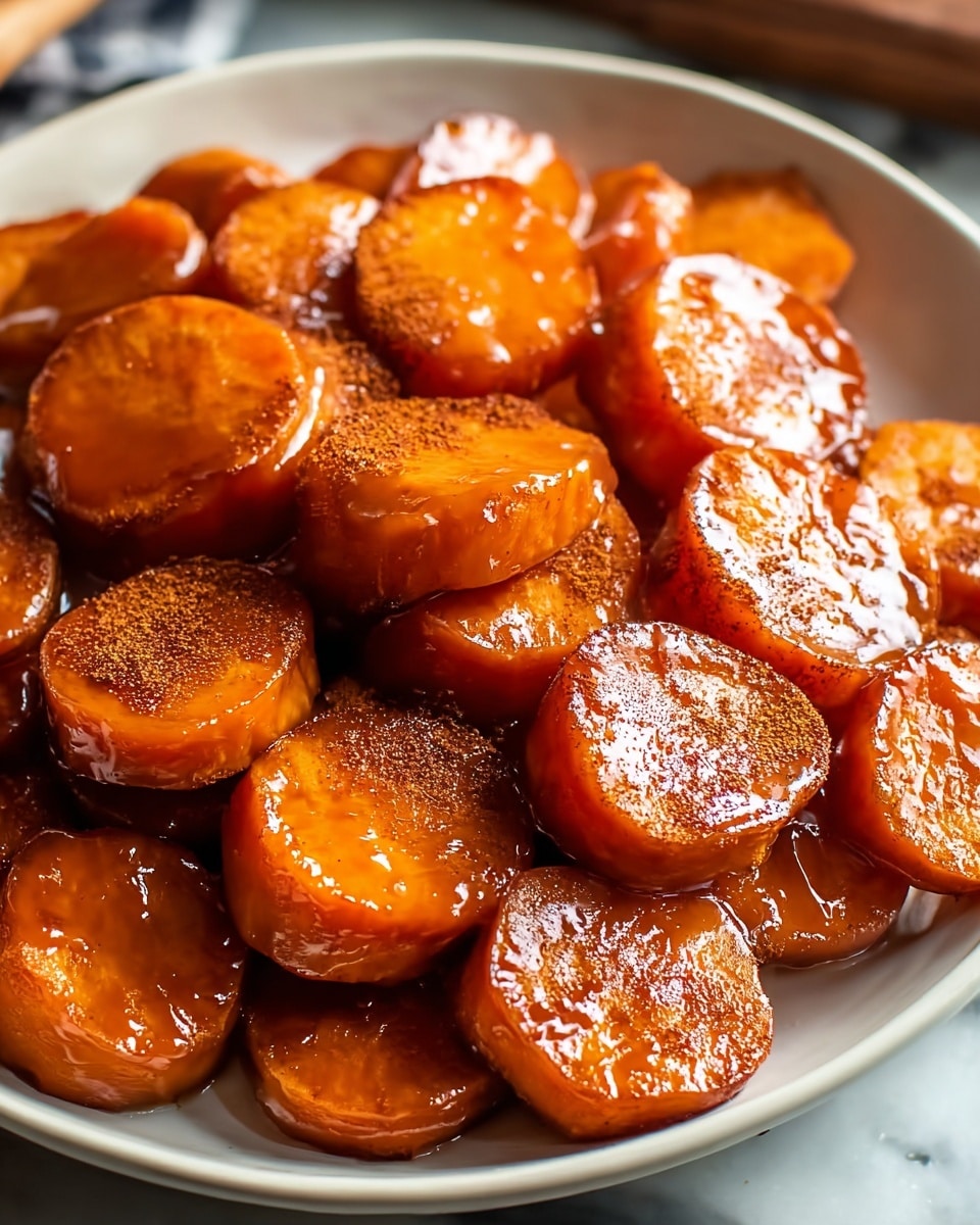 Large white bowl filled with whole glazed sweet potato rounds, cooked to a caramelized golden brown with a shiny, thick cinnamon-spiced glaze coating each piece evenly, the vibrant orange of the sweet potatoes contrasting with the glossy sauce, presented as a generous serving meant for sharing, photographed from a 3/4 angle to showcase the texture and color on a white marble surface with natural lighting, styled like a hero shot from a food magazine, photo taken with an iphone --ar 4:5 --v 7