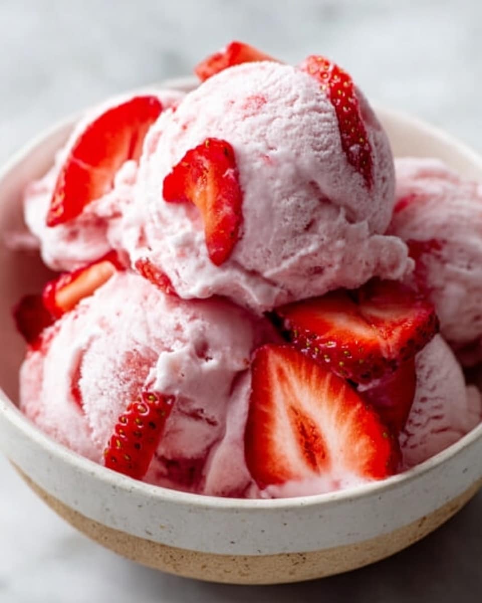 A large white ceramic bowl filled to the brim with multiple scoops of creamy strawberry ice cream, dotted with fresh, vibrant red strawberry slices throughout, showcasing the rich texture and inviting pink hue of the ice cream, all arranged beautifully to highlight the freshness and sweetness, photographed from a 3/4 angle on a white marble background with natural lighting, styled like a hero shot from a food magazine, photo taken with an iphone --ar 4:5 --v 7