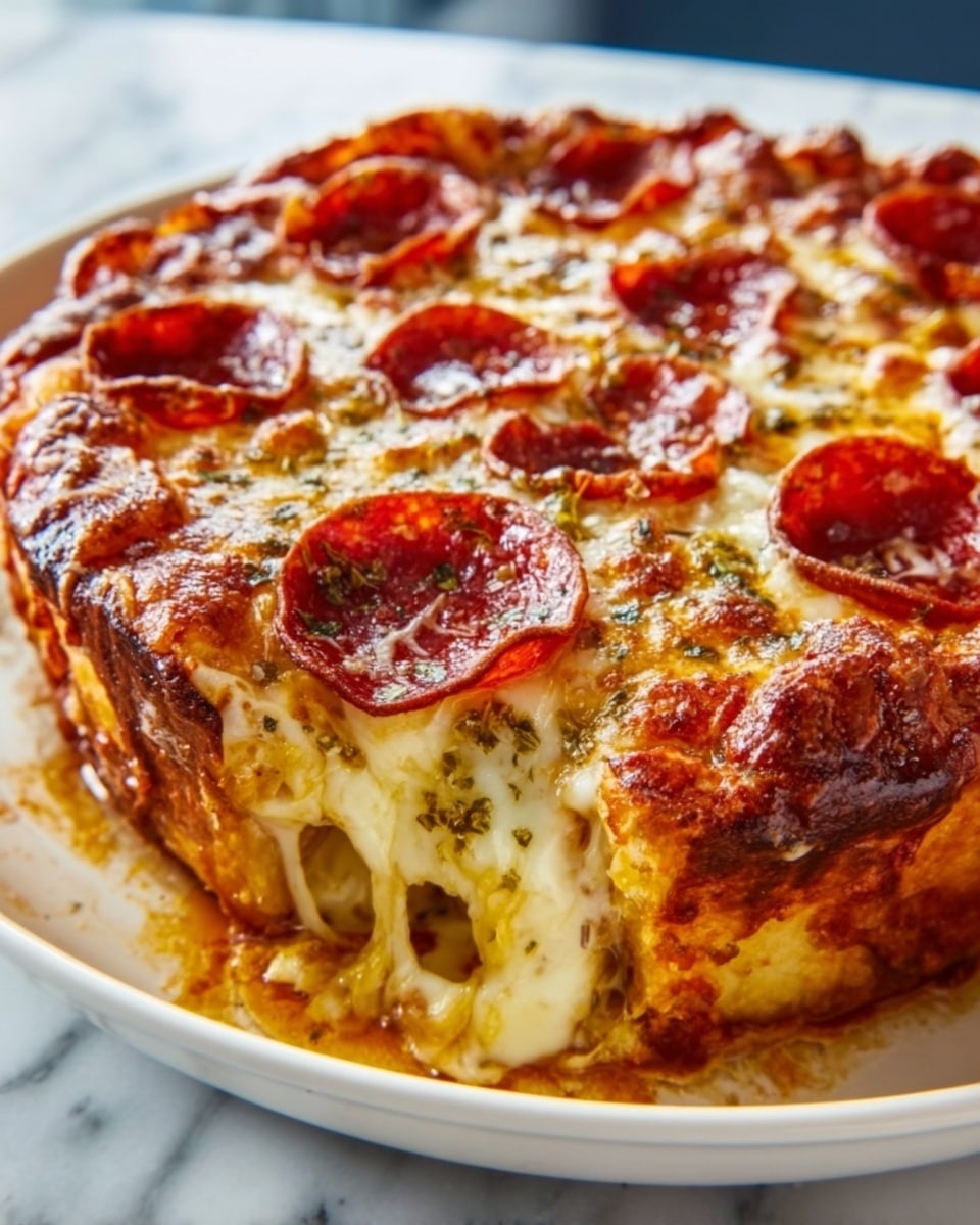A whole deep-dish pepperoni pizza presented in a white, round baking pan with golden-brown crust rising high around the edges, topped with generous layers of melted mozzarella cheese stretching slightly over the sides, evenly distributed spicy pepperoni slices on top, and herbs sprinkled throughout, shot from a 3/4 angle capturing the entire pizza on a white marble surface under natural lighting, styled like a professional food magazine hero shot, photo taken with an iphone --ar 4:5 --v 7