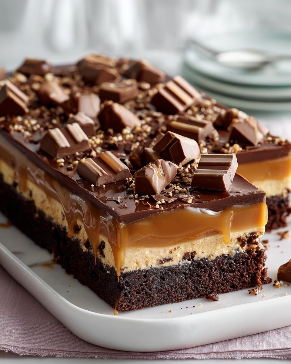 A large rectangular white serving dish filled with an uncut layered caramel and chocolate bar dessert, featuring a rich, dense brownie base topped evenly with a thick caramel layer, smooth chocolate ganache, and finished with whole milk chocolate pieces arranged neatly across the surface, the entire dessert presented as a whole without any slices removed, photographed from a 3/4 angle on a white marble background with natural lighting, styled as a hero shot from a food magazine, photo taken with an iphone --ar 4:5 --v 7