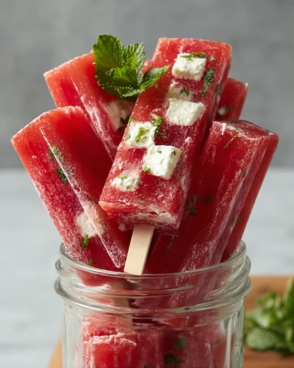 A tall clear glass jar filled with numerous vibrant red watermelon popsicles embedded with creamy white feta cheese chunks and scattered fresh green mint leaves, showcasing the entire batch of popsicles standing upright. The popsicles appear fresh and inviting, perfectly set against a white marble background with natural lighting, styled professionally to highlight the refreshing summer treat. Photo taken with an iphone --ar 4:5 --v 7