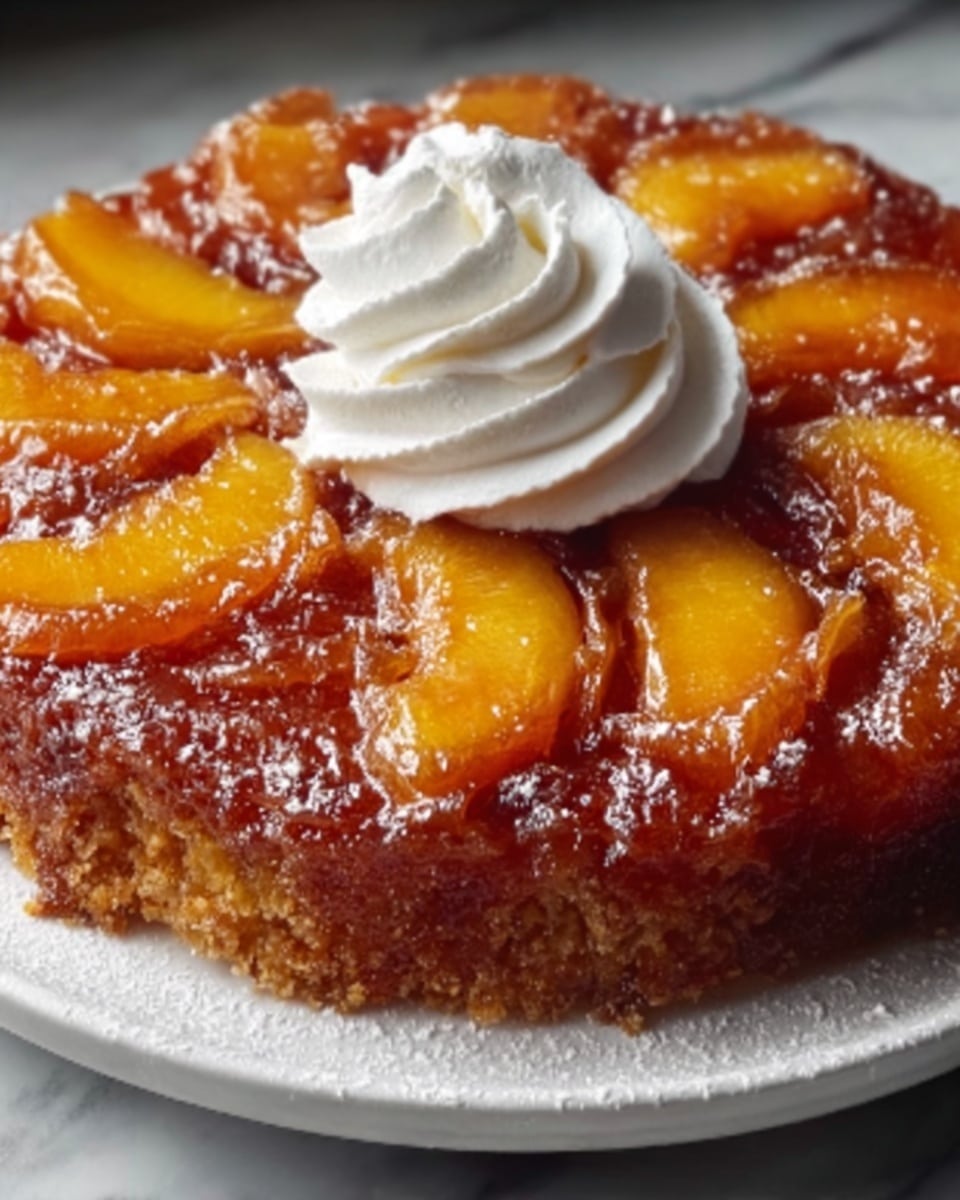 Whole round caramelized peach upside-down cake on a large white plate, showcasing the entire uncut cake topped with glossy peach slices arranged in a golden-brown caramel glaze, adorned with a generous swirl of whipped cream in the center, dusted lightly with powdered sugar, captured in a professional 3/4 angle shot on a white marble background with natural lighting, styled like a food magazine hero shot, photo taken with an iphone --ar 4:5 --v 7