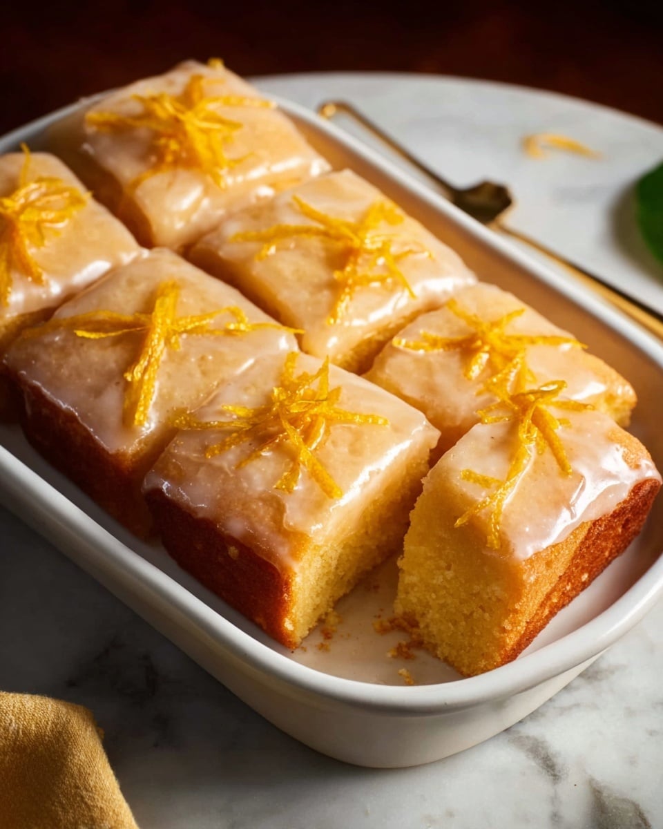 A large white rectangular baking dish filled with a whole, freshly baked lemon cake topped with a glossy lemon glaze and garnished with thin strips of fresh lemon zest arranged neatly across the surface, showcasing a smooth, golden-brown crust, shot from a 3/4 angle on a white marble background with natural lighting, styled as a professional hero food magazine photograph, photo taken with an iphone --ar 4:5 --v 7