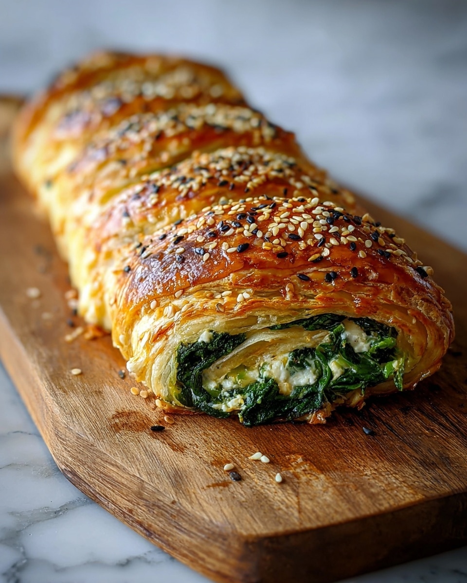 Whole golden-brown spinach and ricotta puff pastry braid topped with toasted sesame seeds and nigella seeds, resting on a wooden cutting board, with the entire uncut pastry showing its glossy, flaky layers and vibrant green spinach with creamy white ricotta inside, shot from a 3/4 angle on a white marble background with natural lighting, styled like a hero food magazine photo taken with an iphone --ar 4:5 --v 7