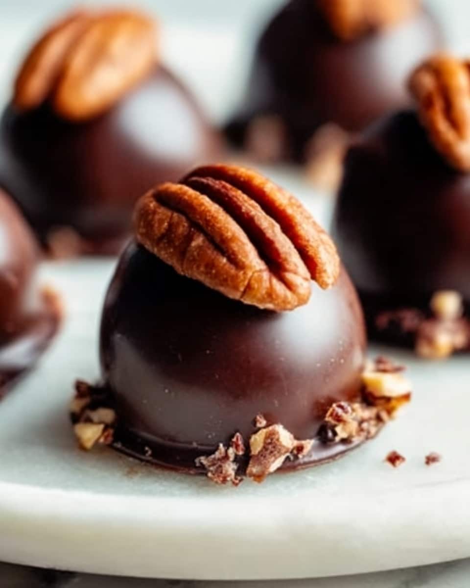 A pristine white rectangular serving platter showcasing an array of whole, glossy chocolate-covered pecan clusters, each topped with a perfectly placed whole pecan. The clusters are evenly spaced, highlighting the shiny smooth chocolate coating and the rich textures of the toasted pecans beneath. The platter is presented on a white marble surface with soft natural lighting to emphasize the depth and richness of the chocolate and the warm brown hues of the pecans. The entire arrangement is captured from a 3/4 angle, styled professionally as a hero shot suitable for a high-end food magazine. Photo taken with an iphone --ar 4:5 --v 7