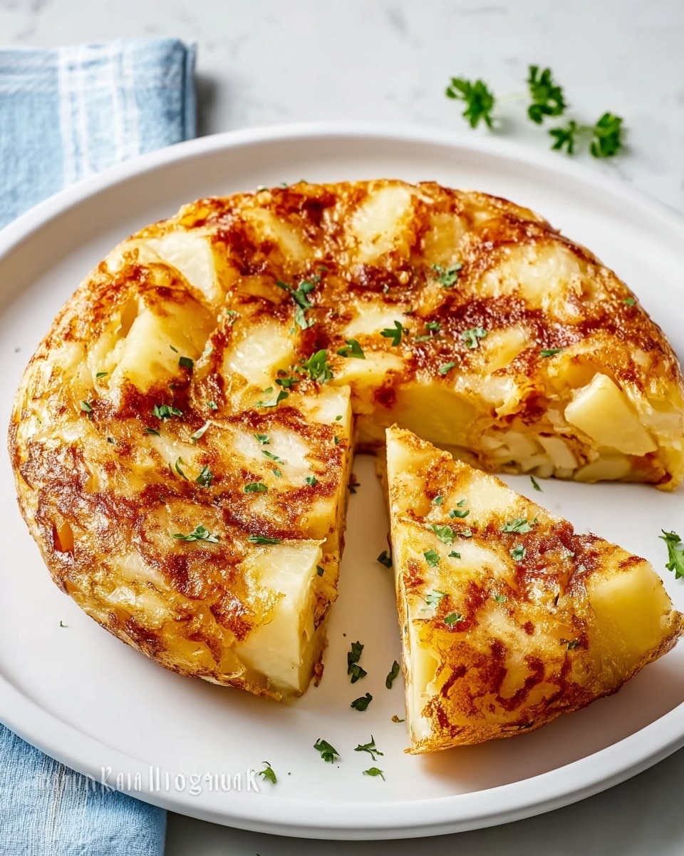 Whole Spanish tortilla served on a large white plate, showcasing a golden-browned top with tender chunks of potato and melted cheese throughout, garnished with fresh green herbs, photographed from a 3/4 angle on a white marble countertop with natural lighting, styled as a hero food magazine shot, photo taken with an iphone --ar 4:5 --v 7
