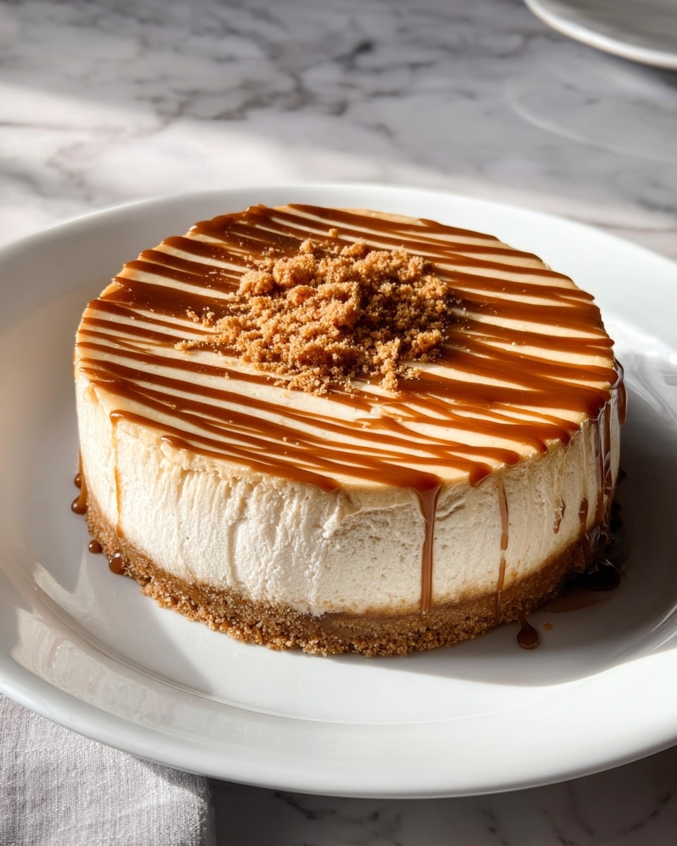Whole round caramel cheesecake on a large white plate, fully decorated with a smooth creamy top layer, evenly drizzled with rich caramel sauce, bordered with a crumbly graham cracker crust, presented as a full whole cake uncut, photographed from a professional 3/4 angle on a white marble background with natural lighting, hero food magazine style photo taken with an iphone --ar 4:5 --v 7