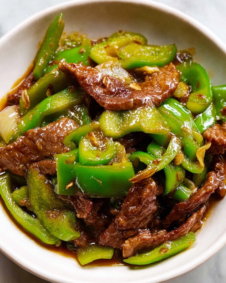 Large white serving bowl filled with vibrant Chinese stir-fried beef with green bell peppers, generously coated in a glossy savory brown sauce, showing tender slices of beef and crisp, bright green peppers mixed throughout, whole dish presented from a 3/4 angle on a white marble countertop with natural lighting, styled as a professional food magazine hero shot, photo taken with an iphone --ar 4:5 --v 7